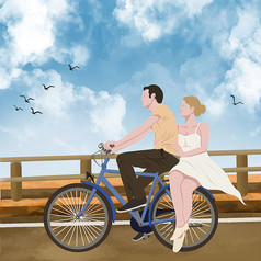 原创手绘插画骑单车的情侣元素