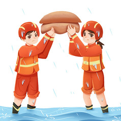 台风暴雨防洪防汛消防战士搬沙袋素材