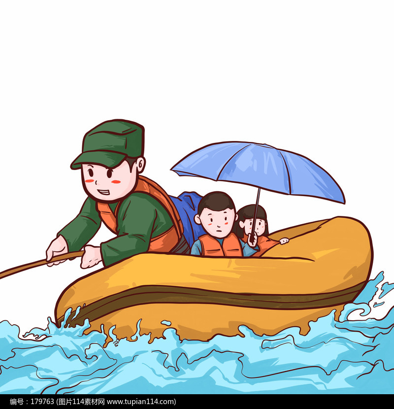 黄色军人洪水救援两名儿童