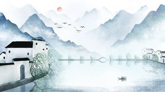 中国风山水墨画徽式建筑插画海报背景