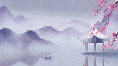 中国风唯美冬天雪景山水墨画插画背景