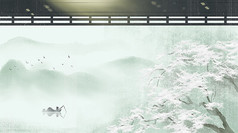 中国风山水墨画屋檐下的冬天插画背景