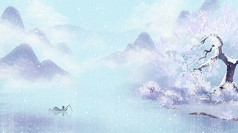 中国风唯美冬天雪景山水画插画背景