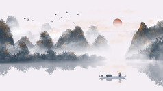 桂林山水中国风山水墨画插画海报背景