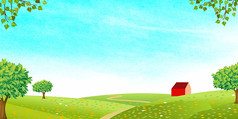 红色小房子绿色草坪卡通背景图