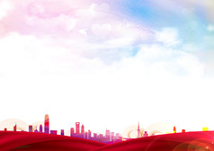 蓝紫色渐变天空城市建筑红色飘带海报背景