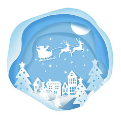 圣诞节剪纸圆形圣诞老人麋鹿雪橇月亮夜晚