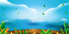 卡通手绘蓝天云彩植物背景图