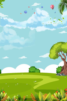 卡通手绘草原大树天空背景图