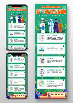 绿色卡通风春节防疫指南手机海报