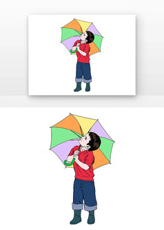 雨水打伞的儿童