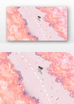 粉色樱花树下的小女孩创意插画设计