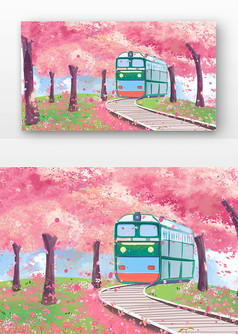 粉色樱花火车创意插画设计