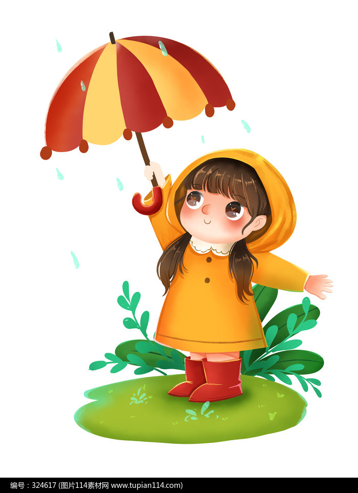 春雨打着雨伞的的小女孩