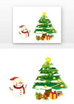 卡通手绘雪人圣诞树礼物盒元素