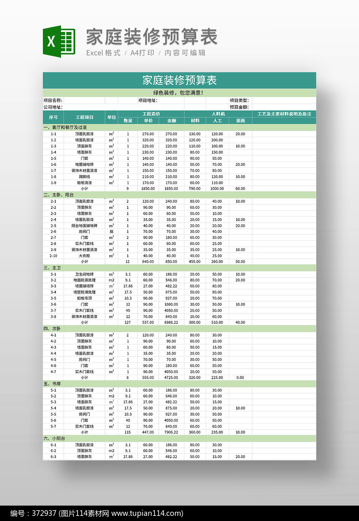 家庭装修预算表模板