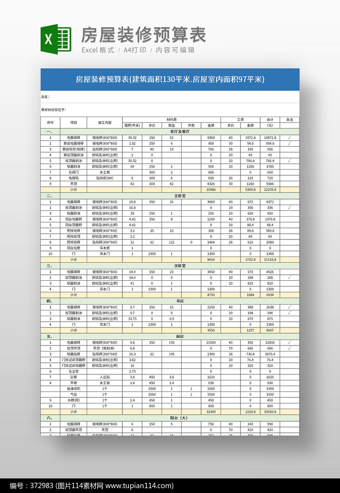 房屋装修预算表模板