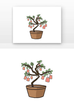 卡通手绘挂着许愿卡的盆栽植物元素