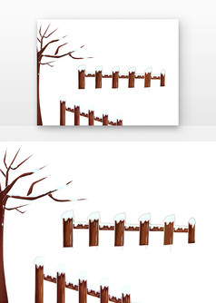 卡通手绘雪后的木栅栏树木植物元素