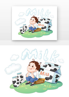 可爱儿童和牛奶盒牛奶瓶创意插图