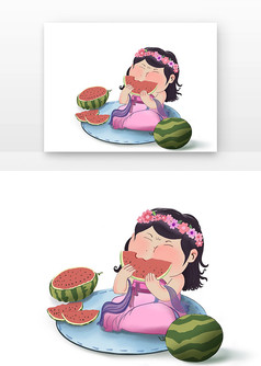 夏天凉爽卡通儿童吃西瓜