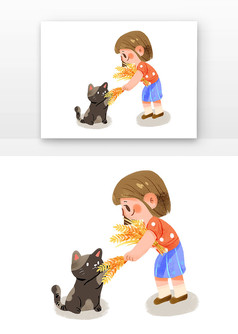 女孩和猫玩麦穗