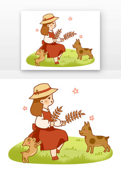 小孩拿麦芒麦穗动物卡通元素