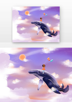 童年唯美鲸鱼在天空或城堡插画