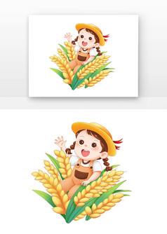 卡通女孩和麦穗二十四节气芒种