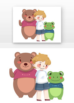 儿童节男孩与小熊小青蛙