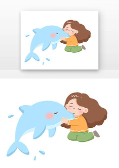 海洋生物海豚被儿童女孩抱着