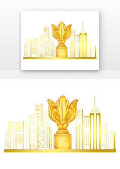 建筑香港剪影或线性香港建筑和金花金色建筑