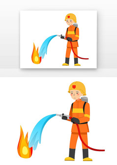 卡通消防员人物灭火