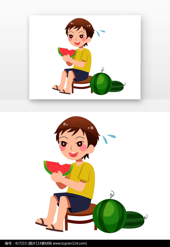 可爱男孩吃西瓜降暑