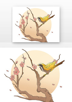 工笔画带树枝的花和鸟