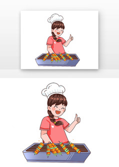 粉色卡通烧烤摊位女生厨师点赞元素