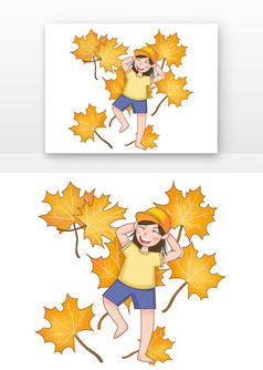 立秋女孩和秋天树叶组合元素