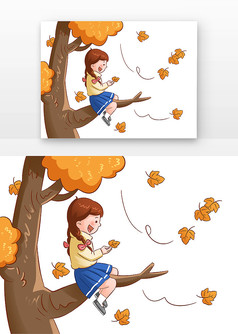 女孩在树上摘枫叶