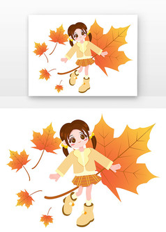黄色系枫叶矢量女孩和秋天树叶组合
