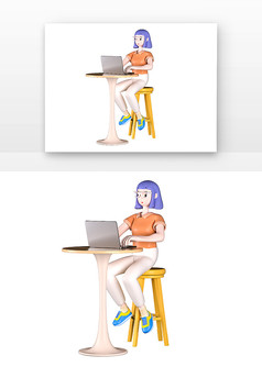 C4D橙色卡通长发女生电脑工作中3D元素