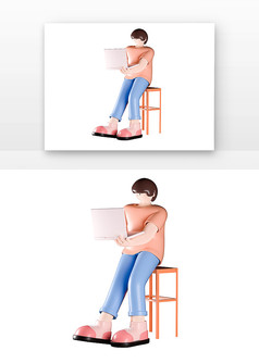C4D粉色立体卡通看电脑女生人物3D元素