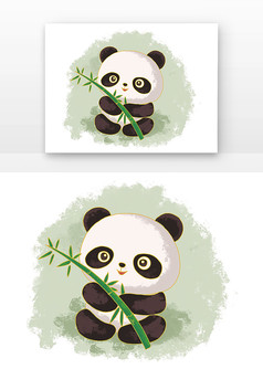绿色国风可爱熊猫抱着竹子元素
