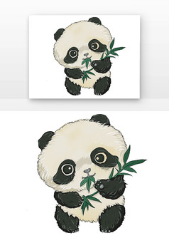 卡通站立叼竹叶可爱熊猫