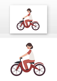 红衣女人骑自行车插画元素