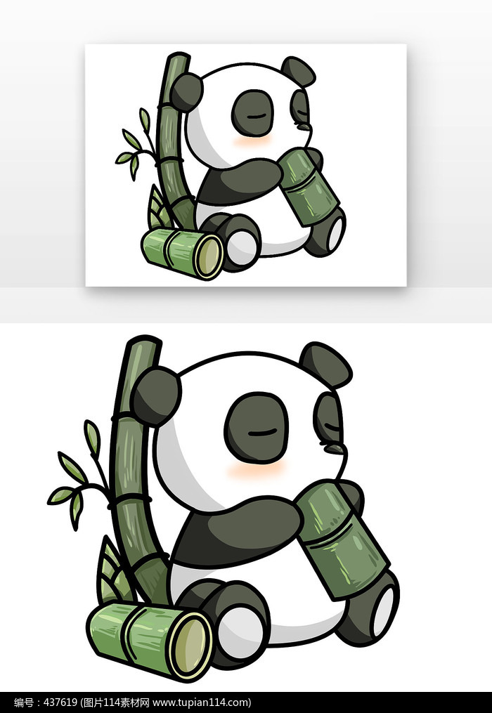 卡通熊猫拿着竹子喝水
