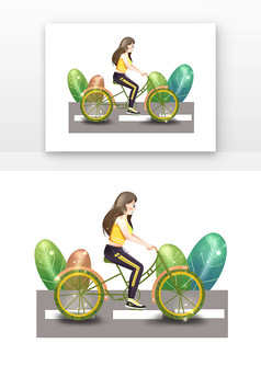 可爱女孩清新植物世界骑行日骑自行车元素