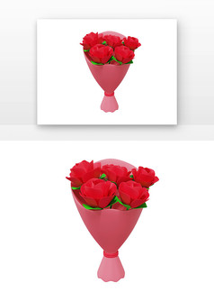 红色建模玫瑰花花束花朵3D渲染元素