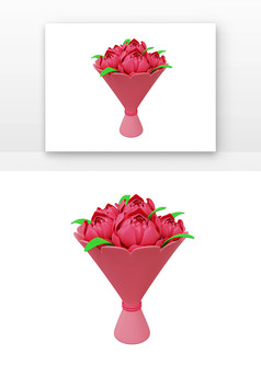 红色唯美玫瑰花花束花朵3D渲染元素