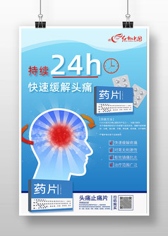 蓝色简约风治疗头痛药片宣传海报