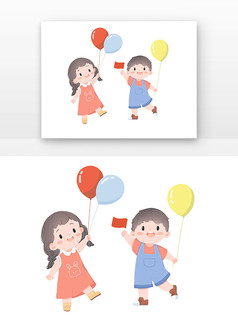 卡通儿童扁平风出游手拿气球或旗子插画